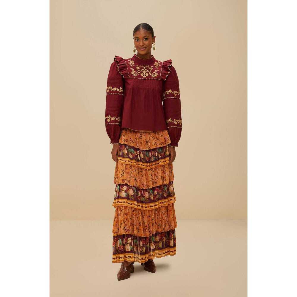 FARM Rio Colorful Birds Camel Purple Tiered Ruffles Maxi Skirt SMALL